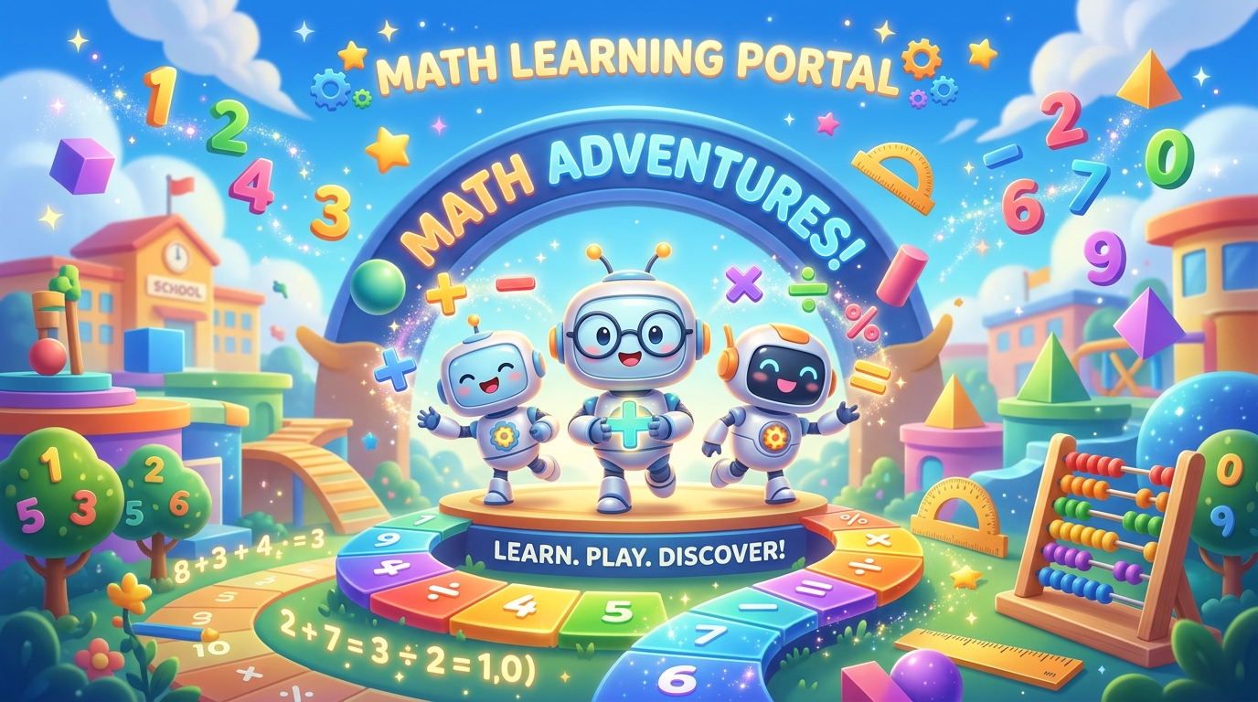 Mundo de aprendizaje de matemáticas con personajes divertidos, números y operaciones